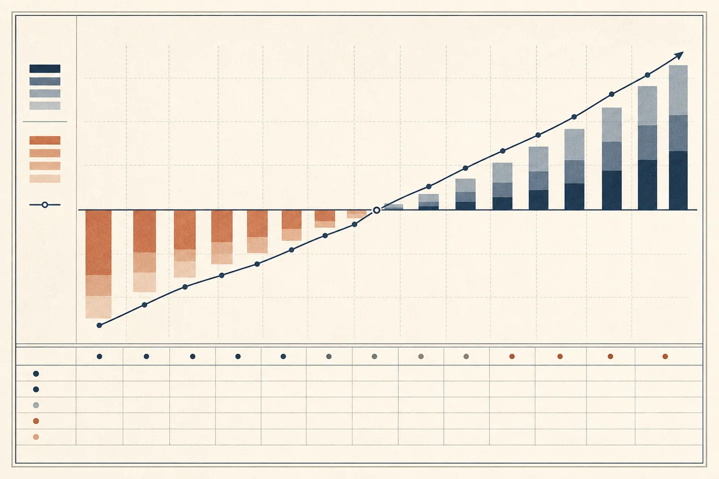 Un gráfico de líneas minimalista que muestra la facturación estable mientras el margen cae