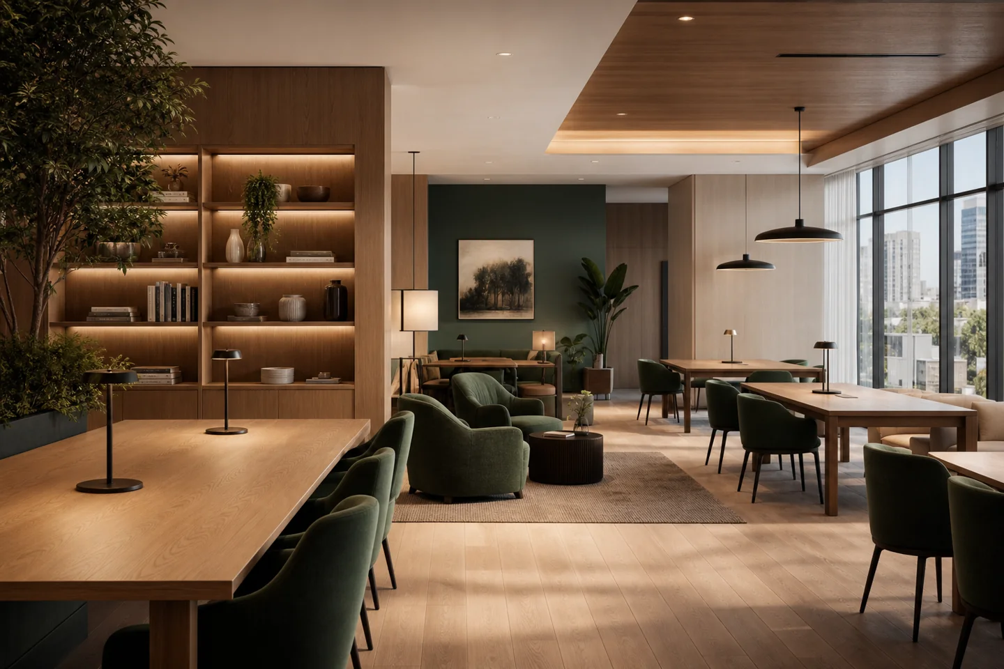 Render interior del piso de coworking: escritorios compartidos, salas de reunión y ventanales de piso a techo
