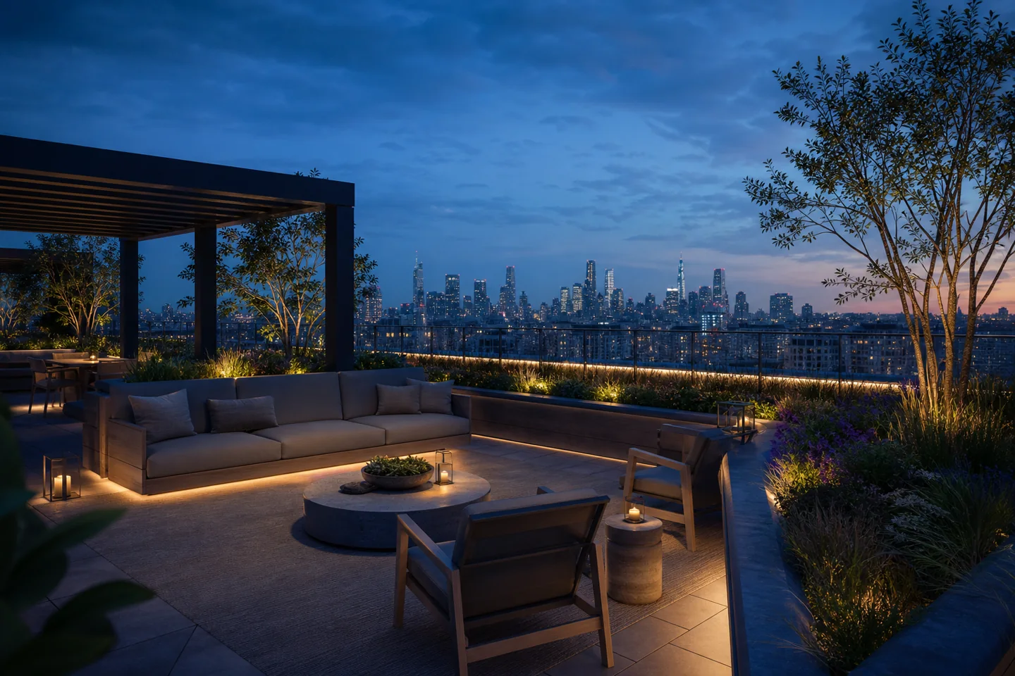 Render de la terraza verde en la azotea con áreas de descanso y vista a la ciudad