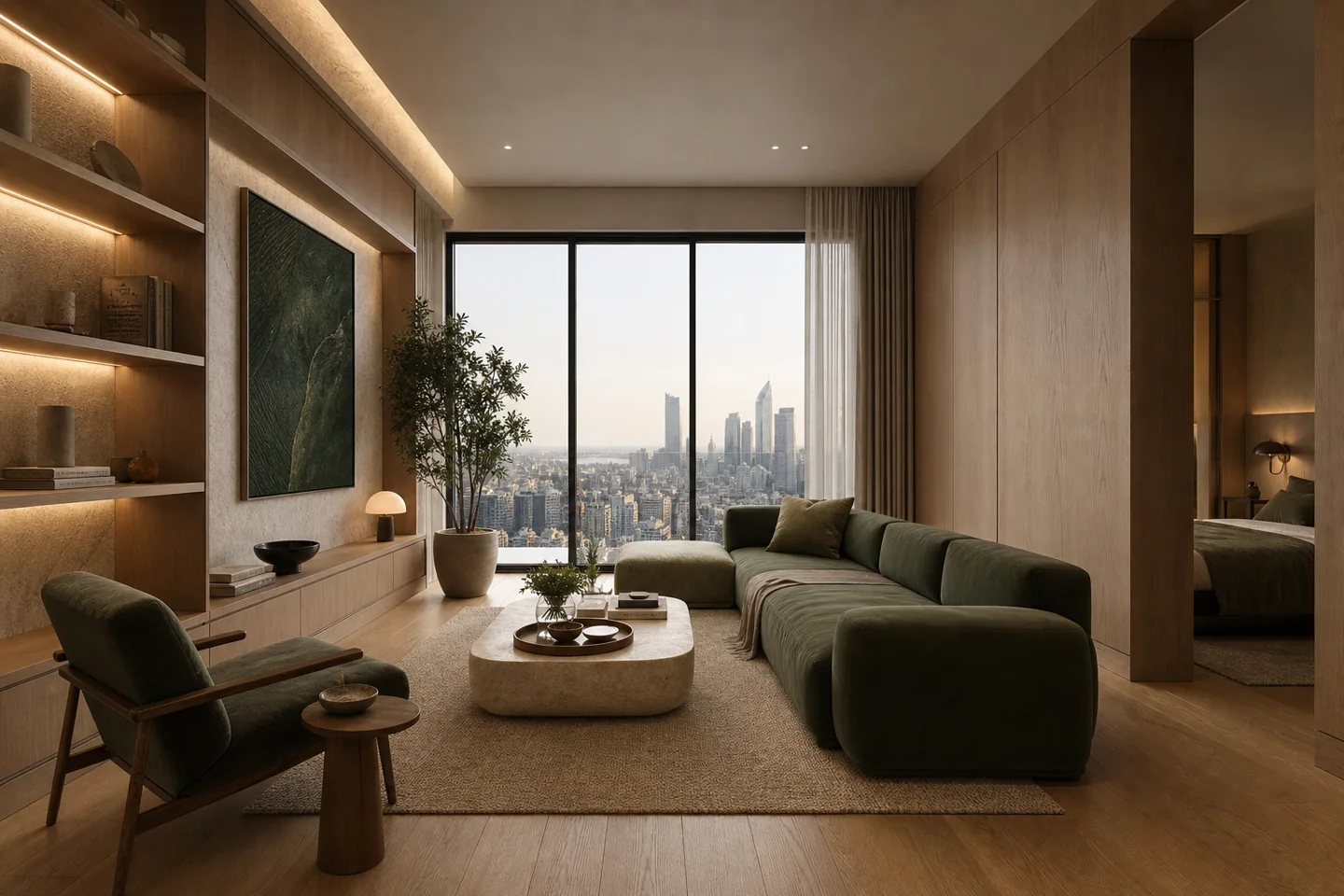 Render interior de la unidad de 1 dormitorio