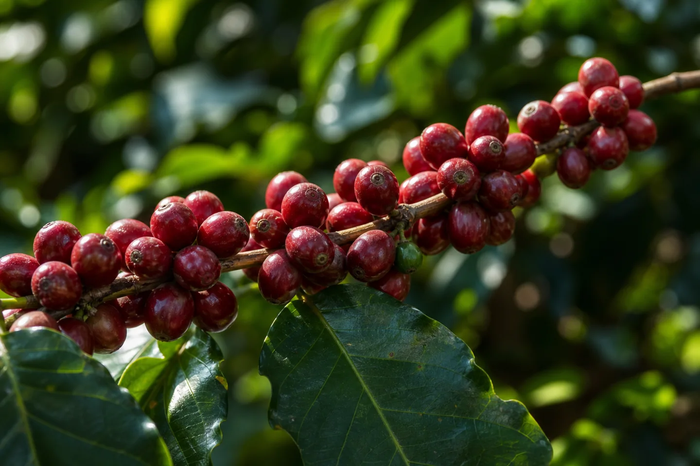 Primer plano de granos de café maduros y rojos cosechados a mano