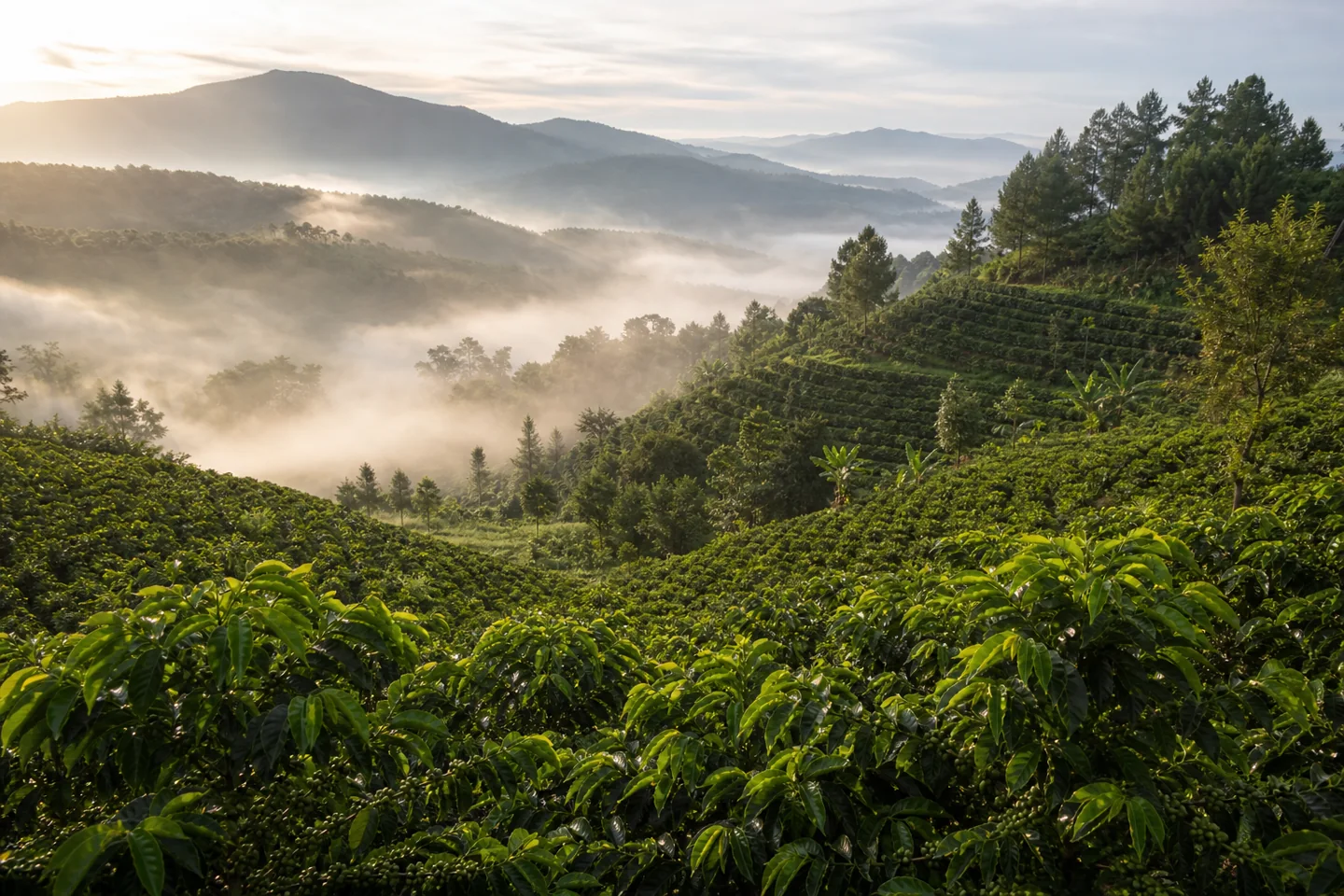 Vista amplia de una pequeña finca familiar de café en la sierra de Loma Alta, hileras de cafetos en una ladera verde