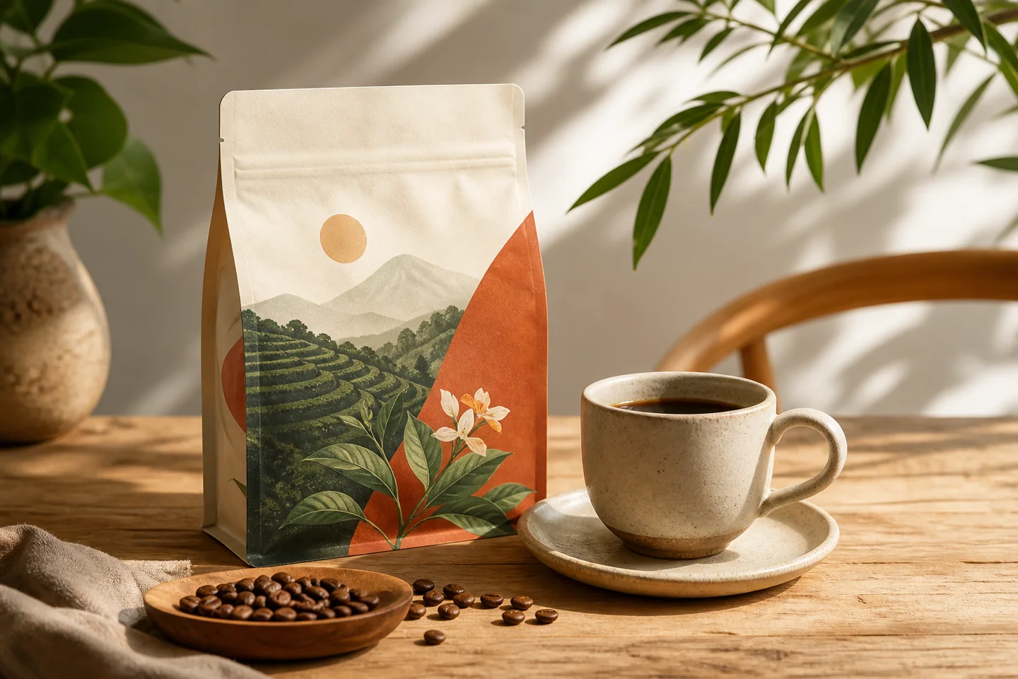 Empaque y taza de café de Loma Café
