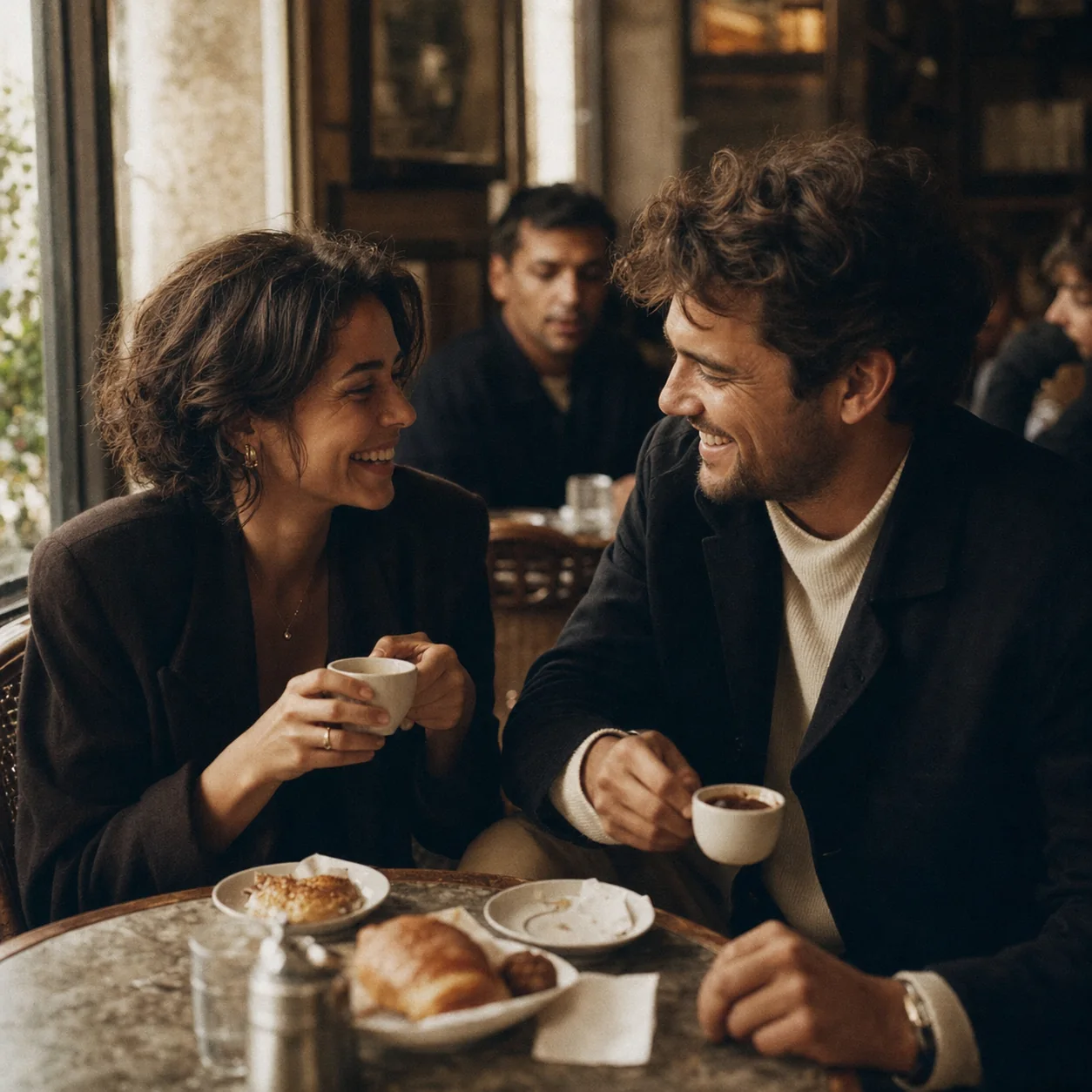 Fotografía ilustrativa de Mara y Teo compartiendo una mesa de café llena de gente, muertos de risa