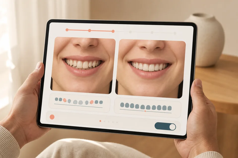 Tablet con una comparación simulada antes/después: dientes apiñados alineados con ortodoncia invisible