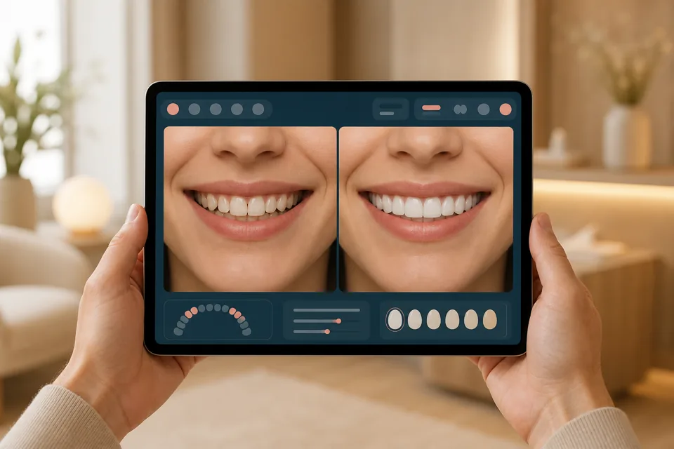 Tablet con una comparación simulada antes/después: dientes desparejos refinados con carillas