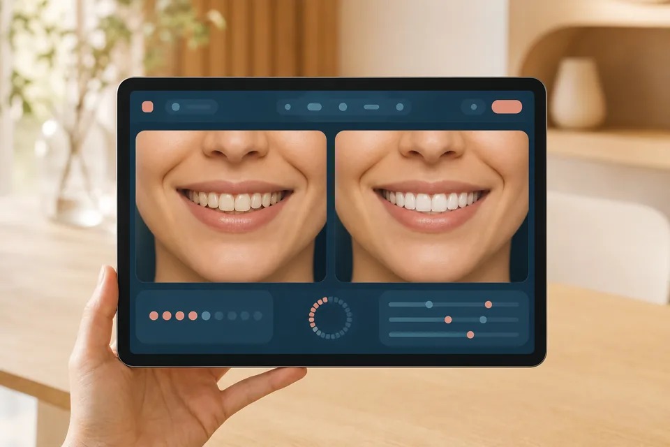Tablet con una comparación simulada antes/después: dientes aclarados y alineados