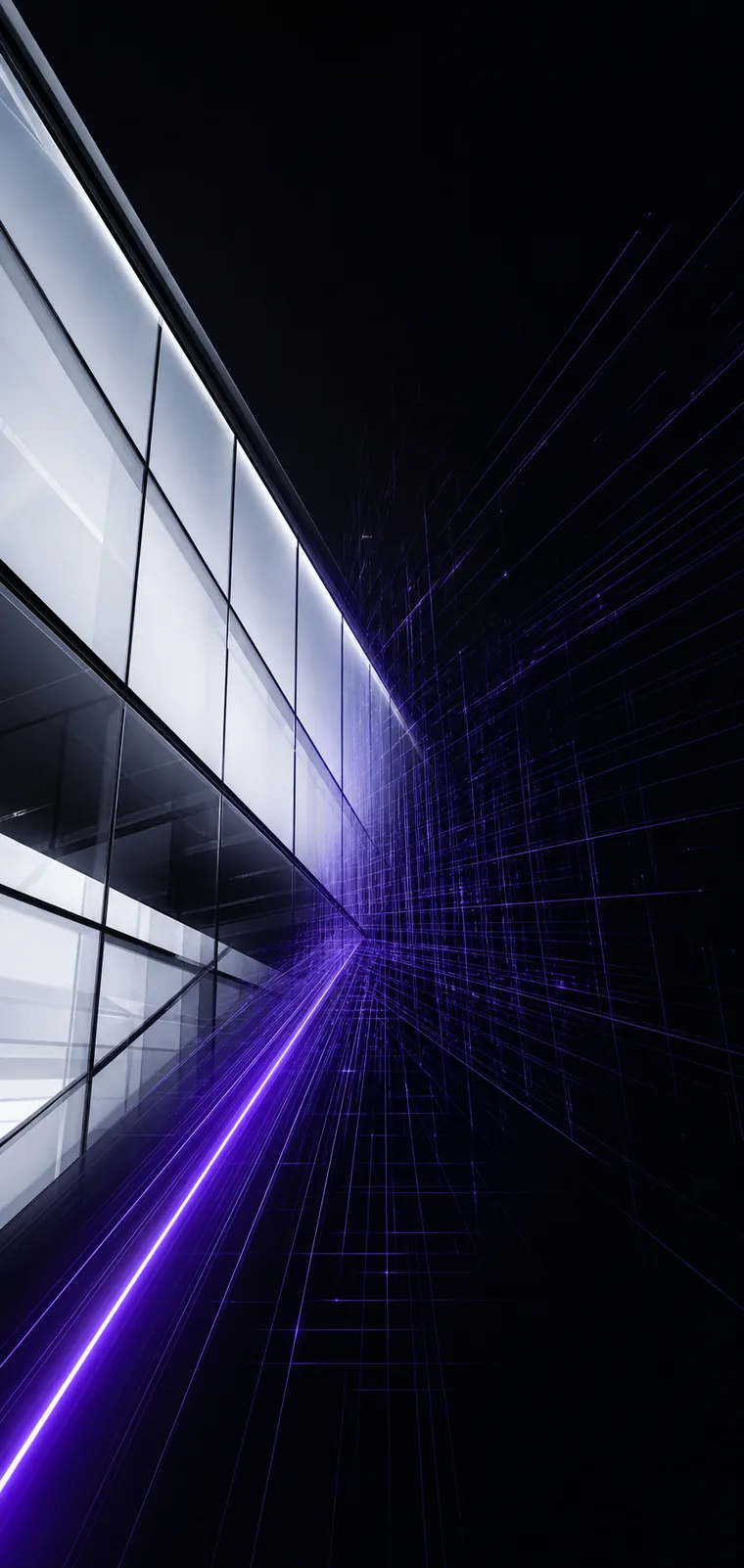 Abstract glass architecture dissolving into a grid of violet light
