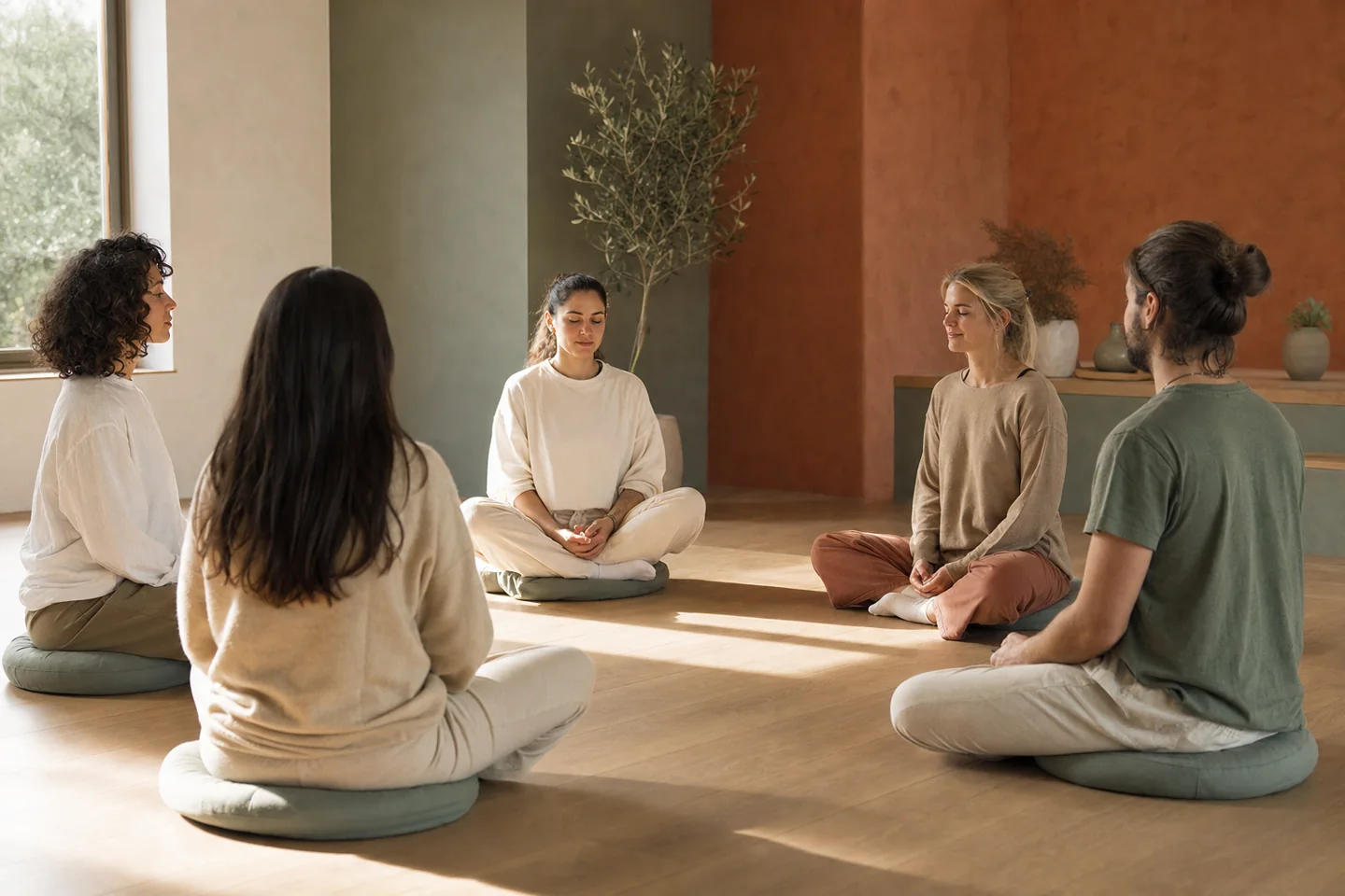 Un grupo chico sentado en círculo para una meditación guiada