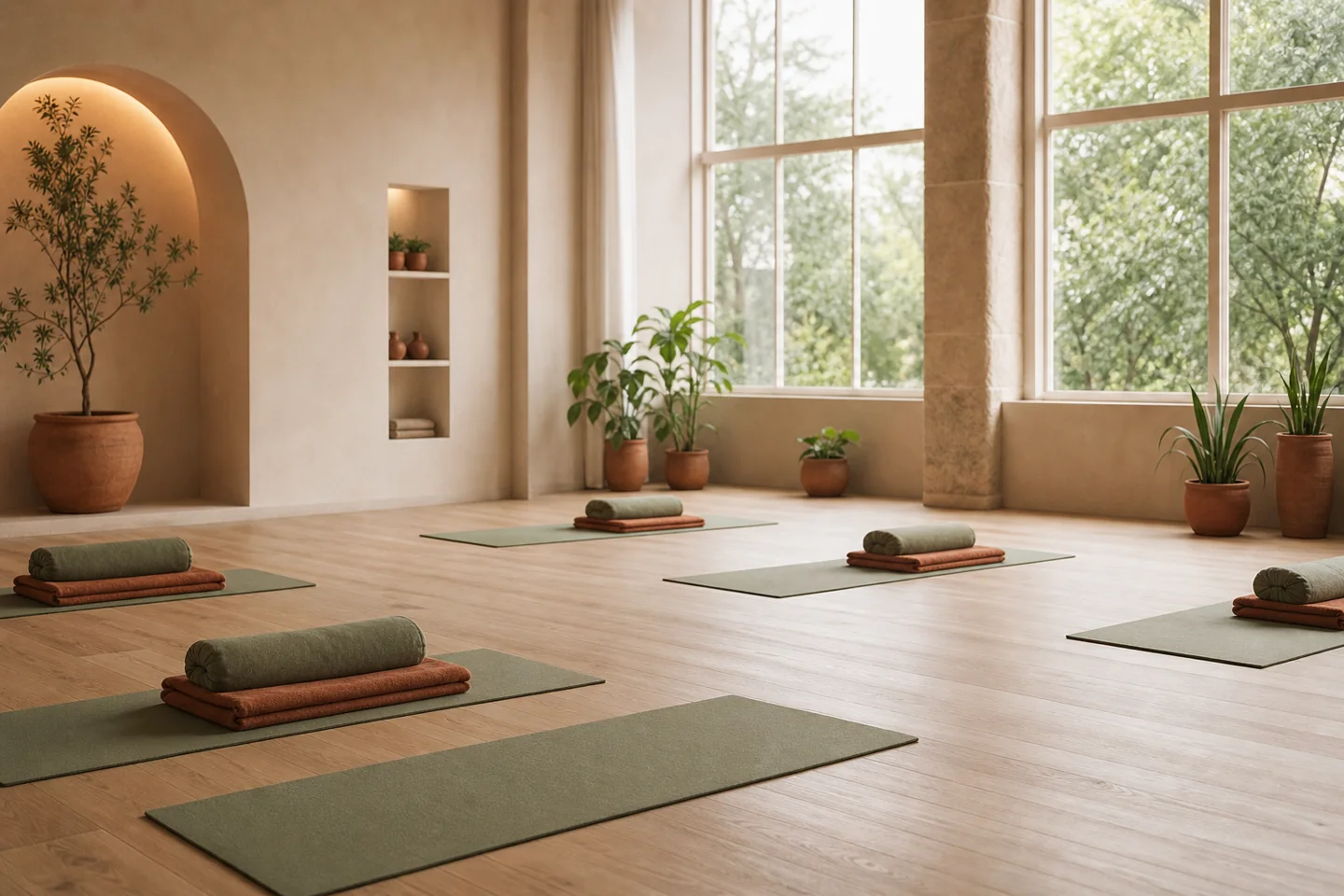 Una sala de estudio cálida y minimalista con pisos de madera clara, textiles en salvia y terracota, plantas y ventanales con luz natural