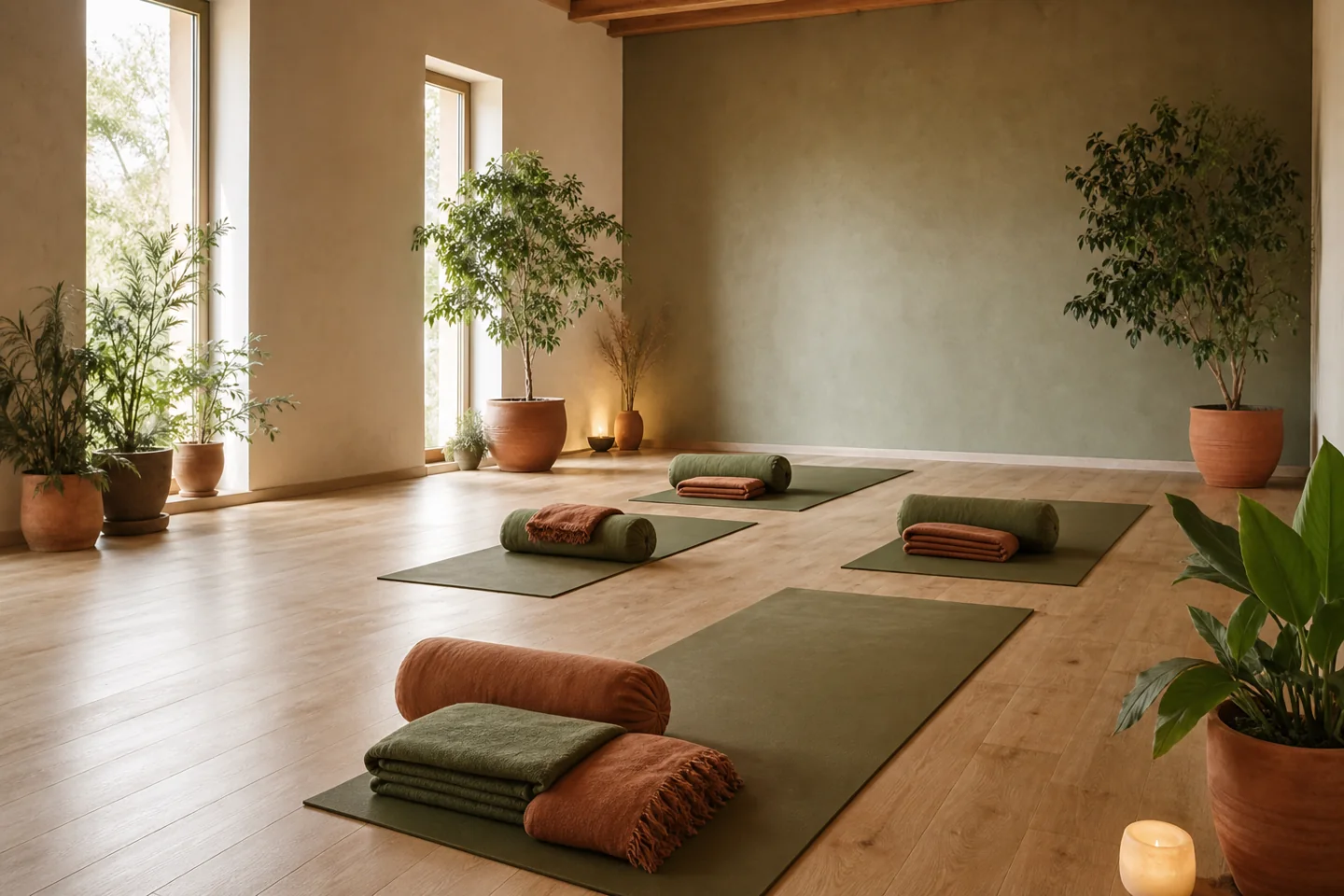Una sala de práctica cálida y minimalista con pisos de madera clara, textiles salvia y luz suave de ventana