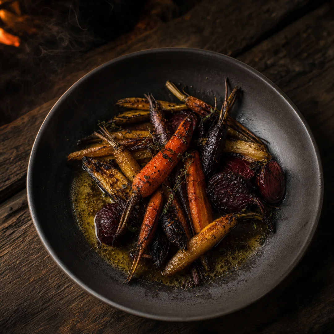 Zanahorias y remolachas al fuego con crema de semillas de girasol, chile fermentado y aceite de hierbas