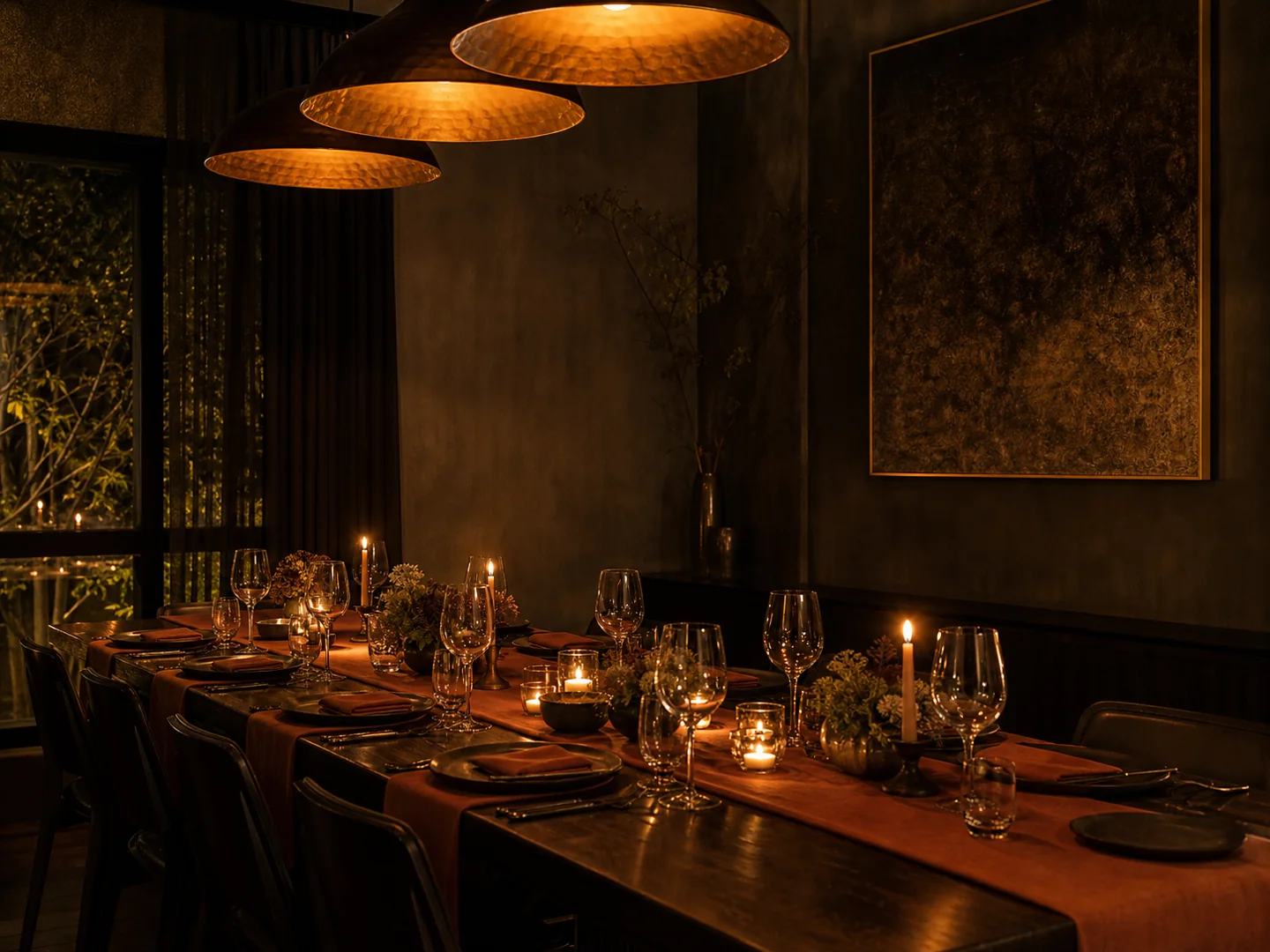 El salón privado: una mesa larga con velas, lista para un grupo chico bajo luz cálida y tenue